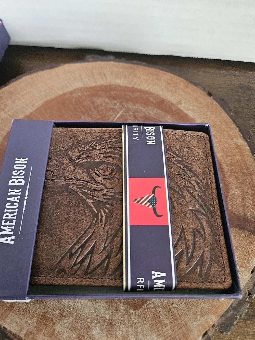 Genuine Cow Leather Bifold Wallet RFID Blocking Brown Embossed Eagle Head